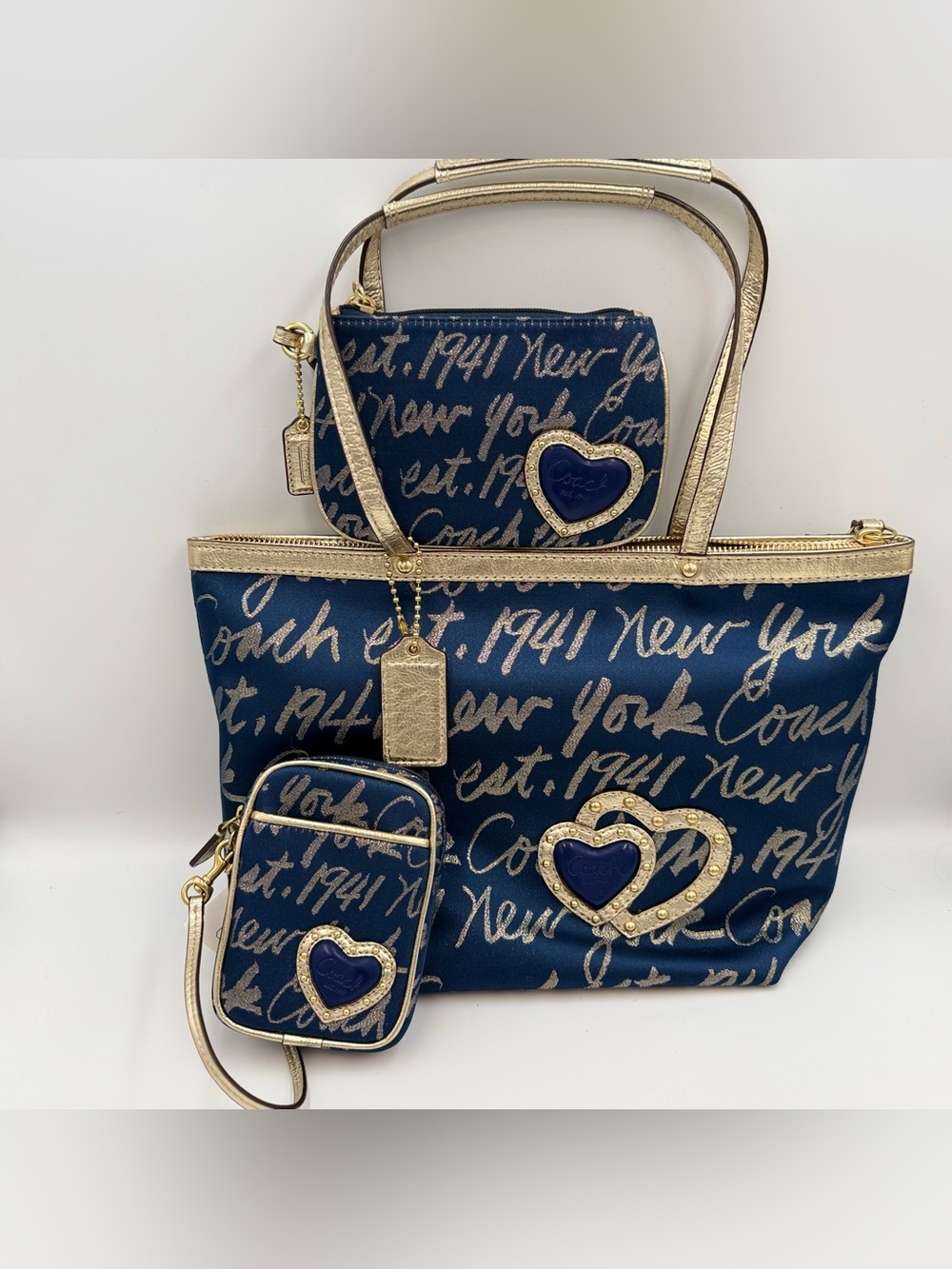 Coach Poppy Script Lurex Navy Gold Small Tote Camera Bag Wristlet 3pc NWT